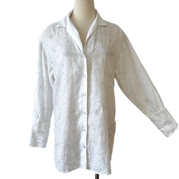 120% Lino Linen Embroidered Button-Up Shirt Top Floral Metallic White 44 (US M)